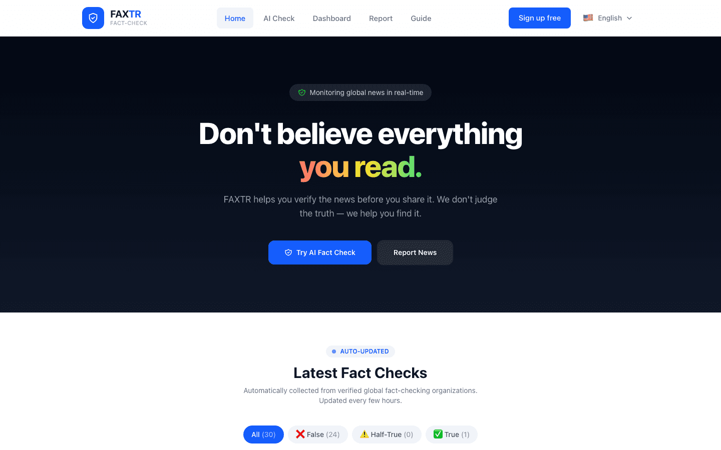 FAXTR — Global Fact-Check Platform 메인 페이지 미리보기 (BlinkHub Korea 보도자료 자동 배포로 구동)